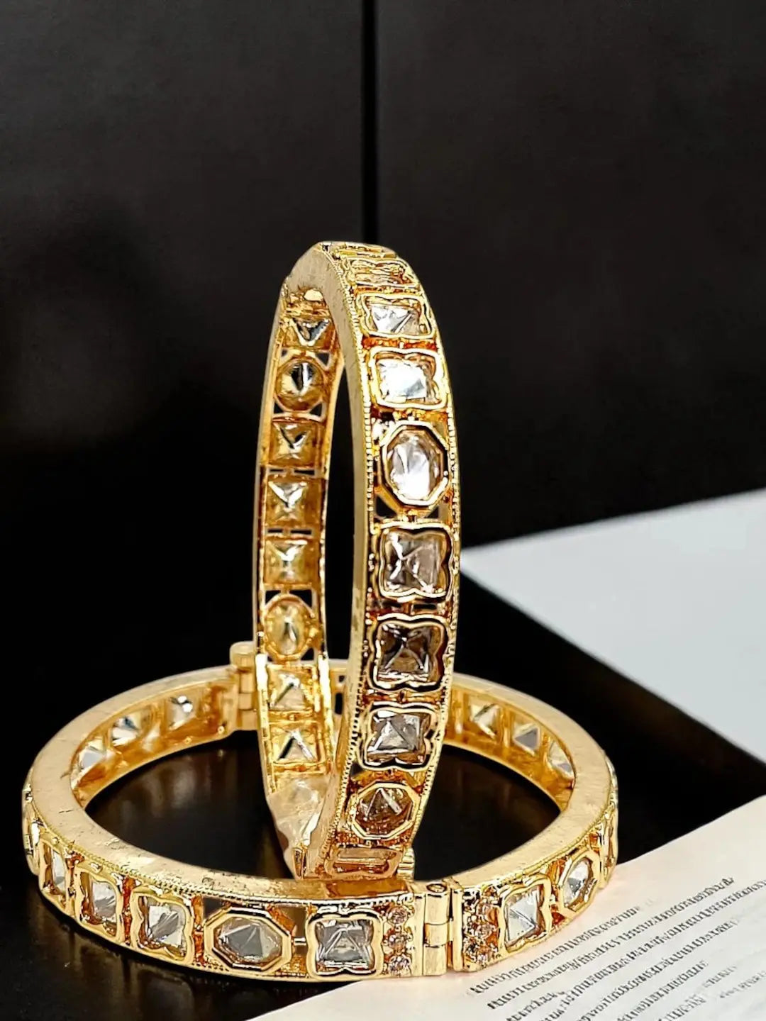 Set Of 2 Gold Plated Hexagonal Moissanite Screw Bangles