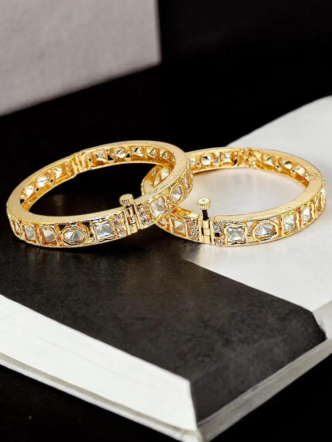 Set Of 2 Gold Plated Hexagonal Moissanite Screw Bangles