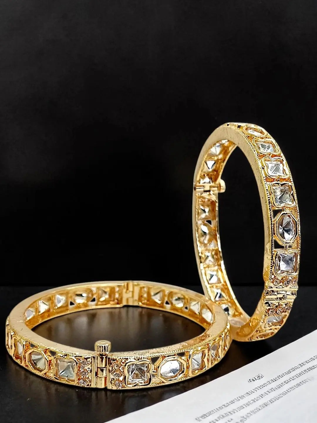 Set Of 2 Gold Plated Hexagonal Moissanite Screw Bangles