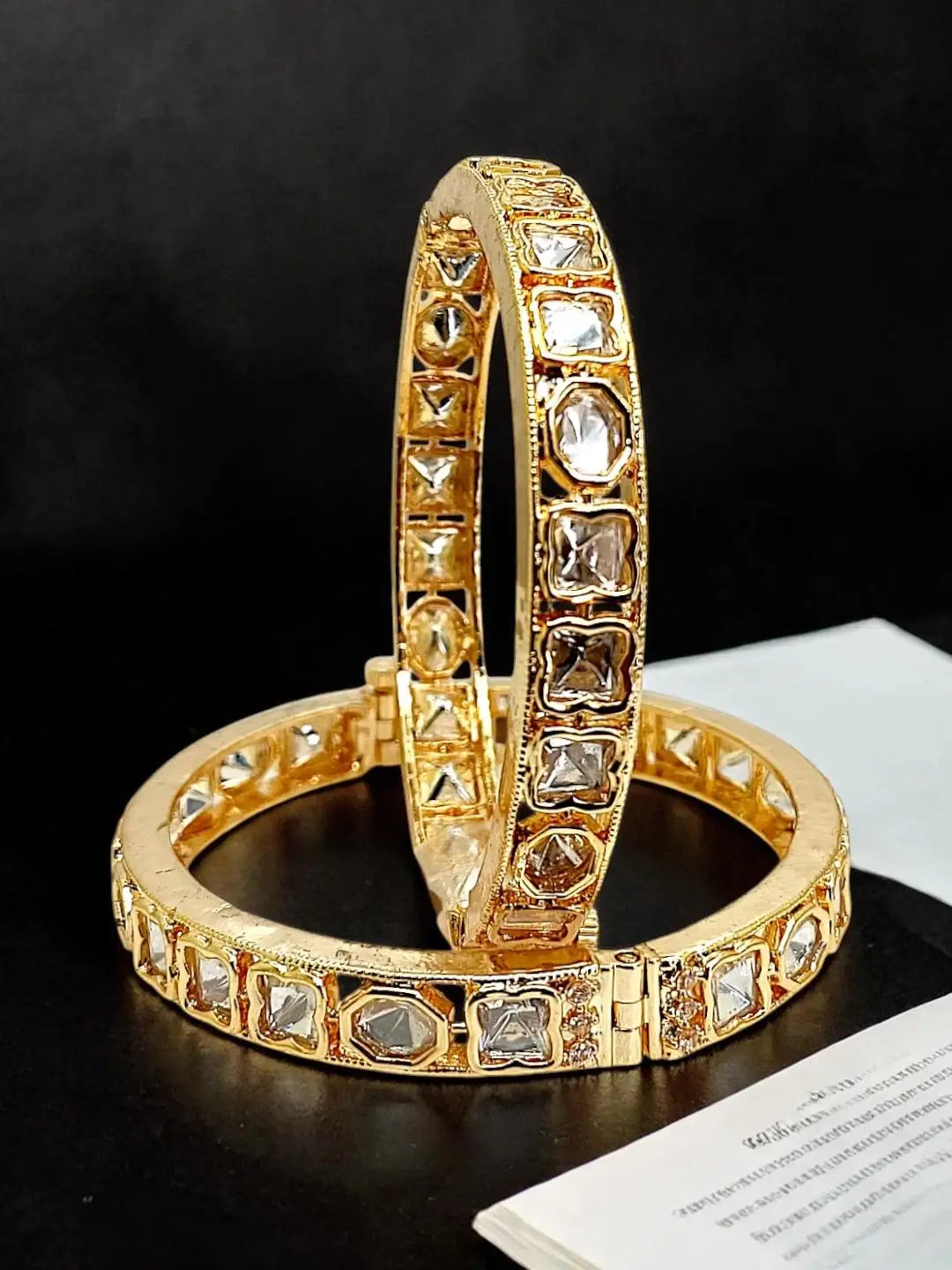 Set Of 2 Gold Plated Hexagonal Moissanite Screw Bangles