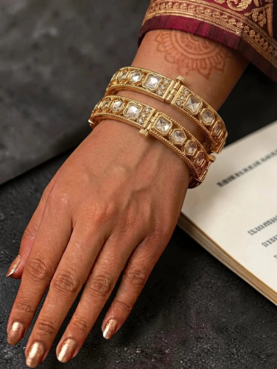 Set Of 2 Gold Plated Hexagonal Moissanite Screw Bangles