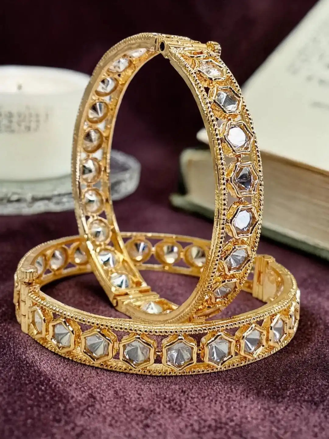 Set Of 2 Gold Plated Geometric Moissanite Screw Bangles