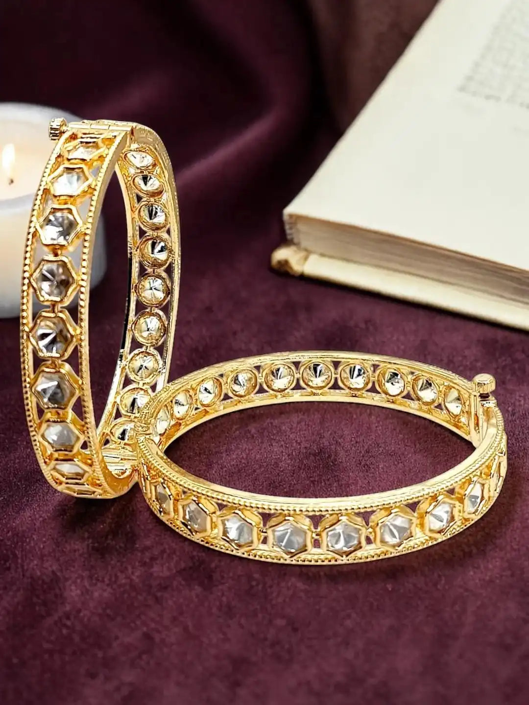 Set Of 2 Gold Plated Geometric Moissanite Screw Bangles