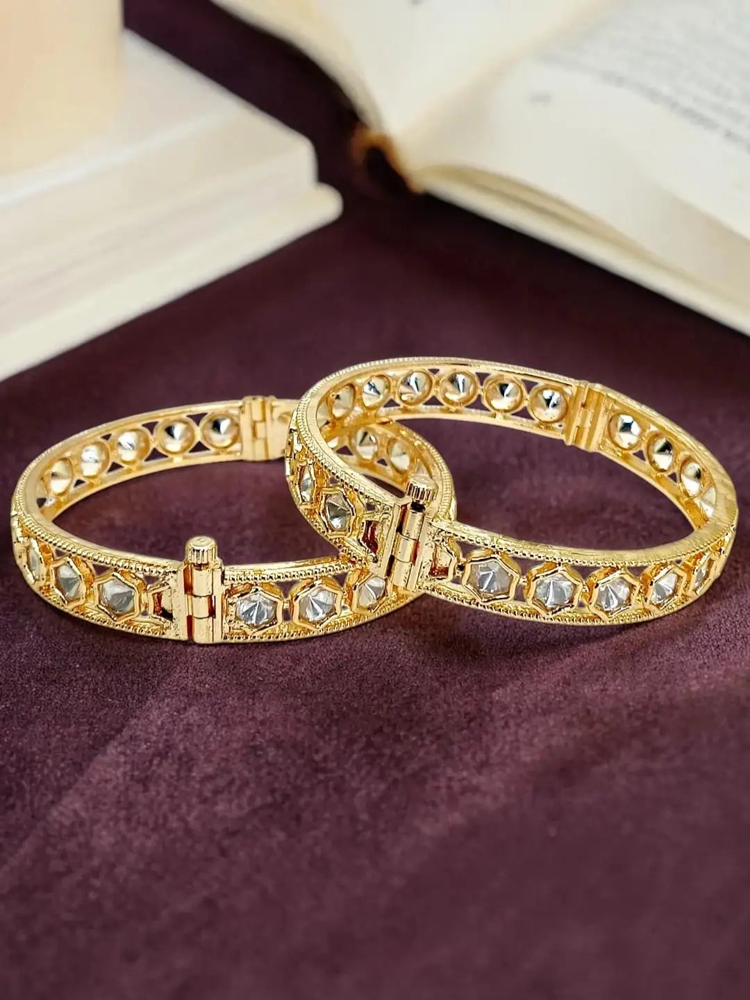 Set Of 2 Gold Plated Geometric Moissanite Screw Bangles