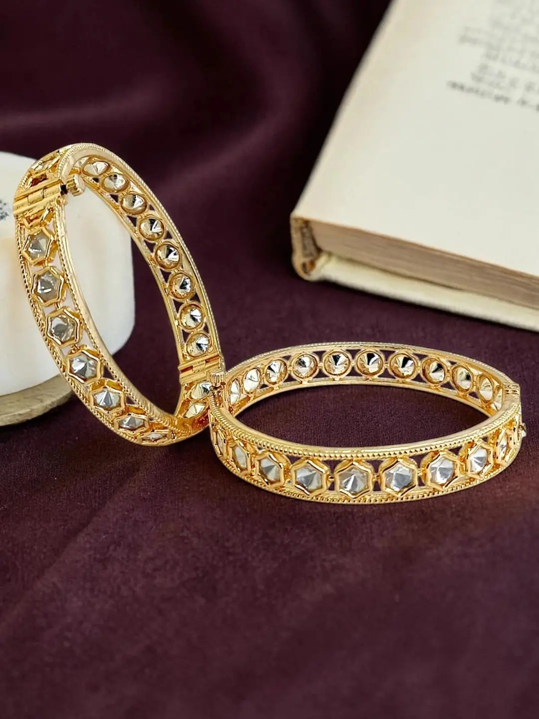 Set Of 2 Gold Plated Geometric Moissanite Screw Bangles