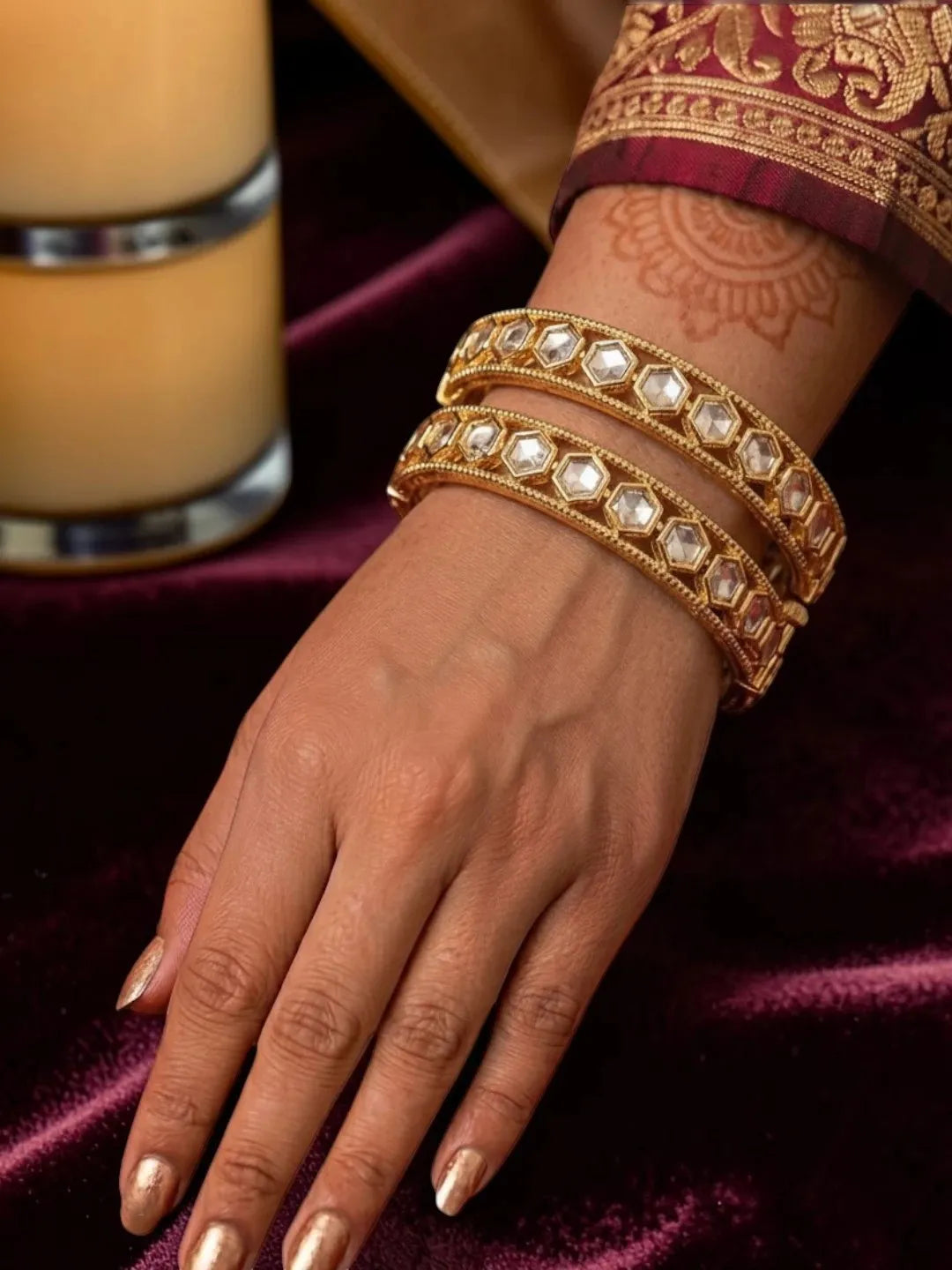 Set Of 2 Gold Plated Geometric Moissanite Screw Bangles