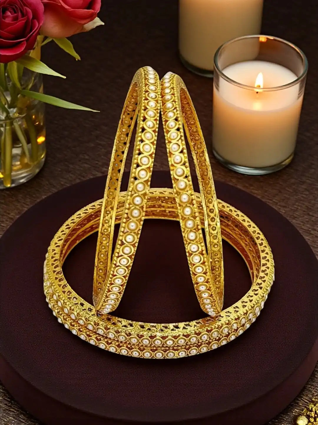 Set Of 4 Gold Plated Small Beaded Studded Bangle