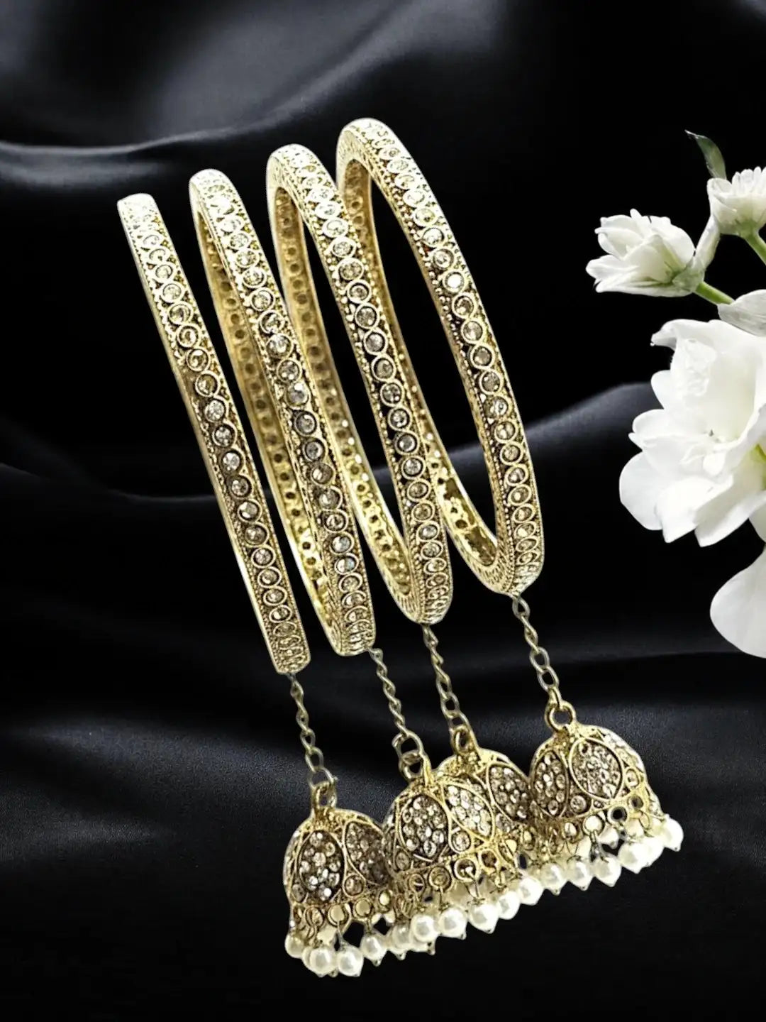 Set Of 4 Antique Gold Plated Latkan Bangle Set