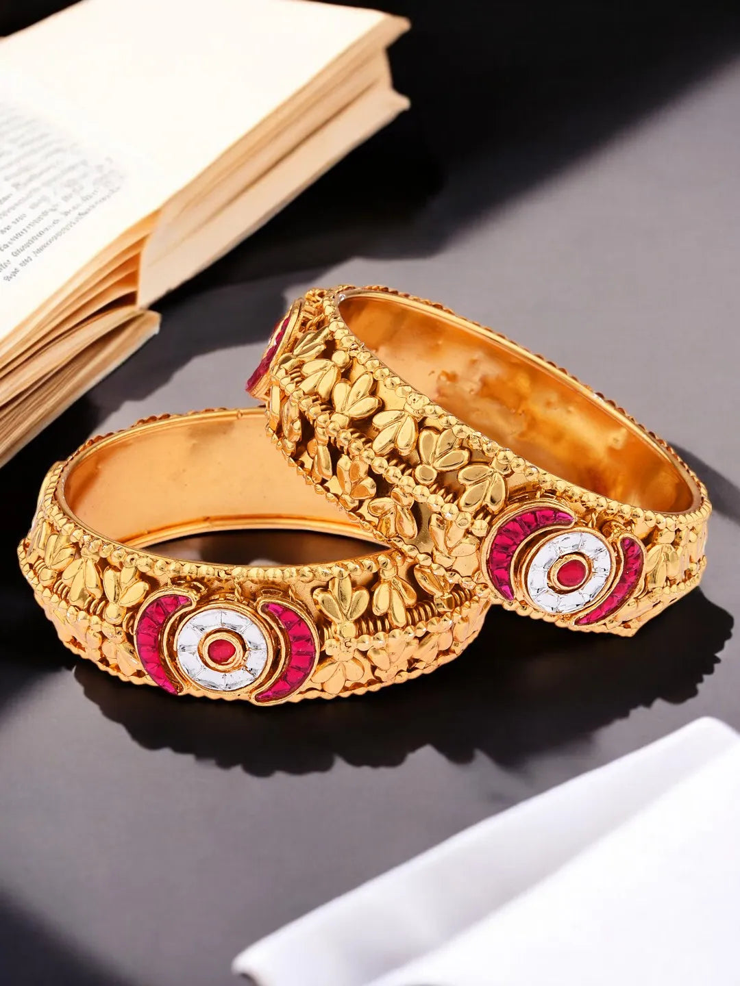 Set Of 2 Gold Plated Stone Studded Bangles Set