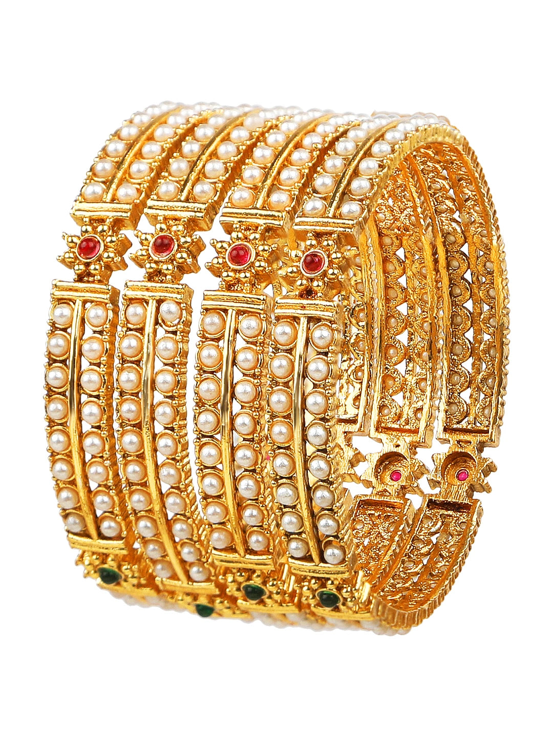 Gold Plated Traditional 4Pc Pearl CZ Stone Bangle