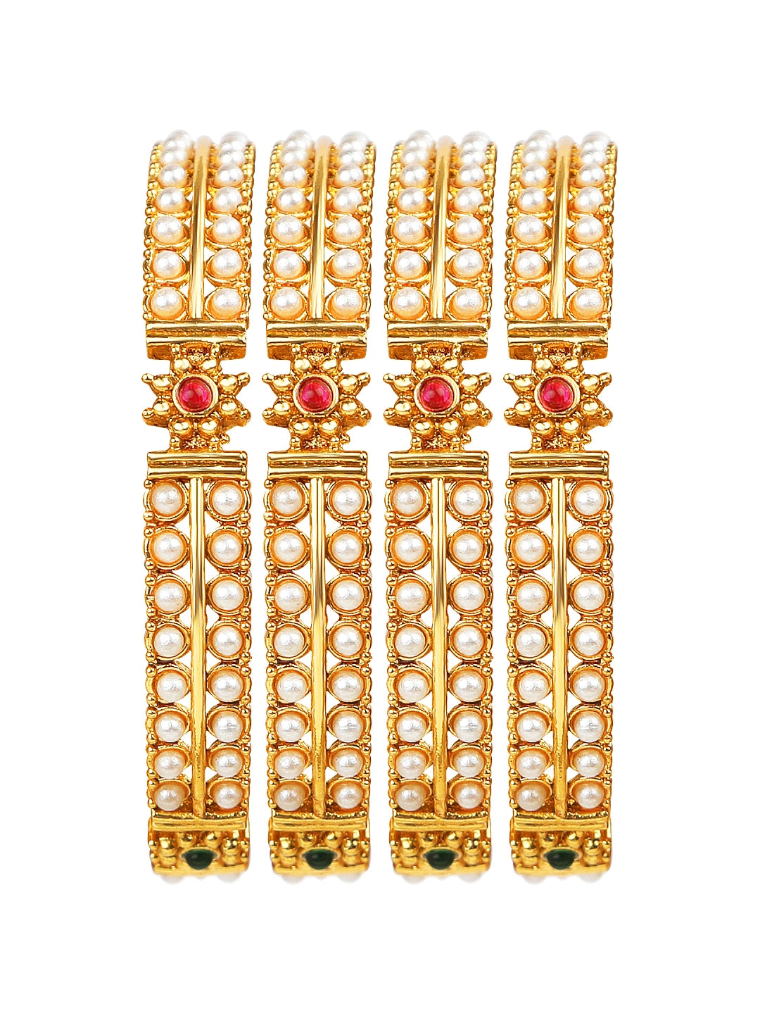 Gold Plated Traditional 4Pc Pearl CZ Stone Bangle