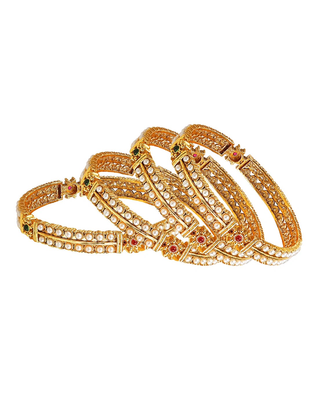 Gold Plated Traditional 4Pc Pearl CZ Stone Bangle