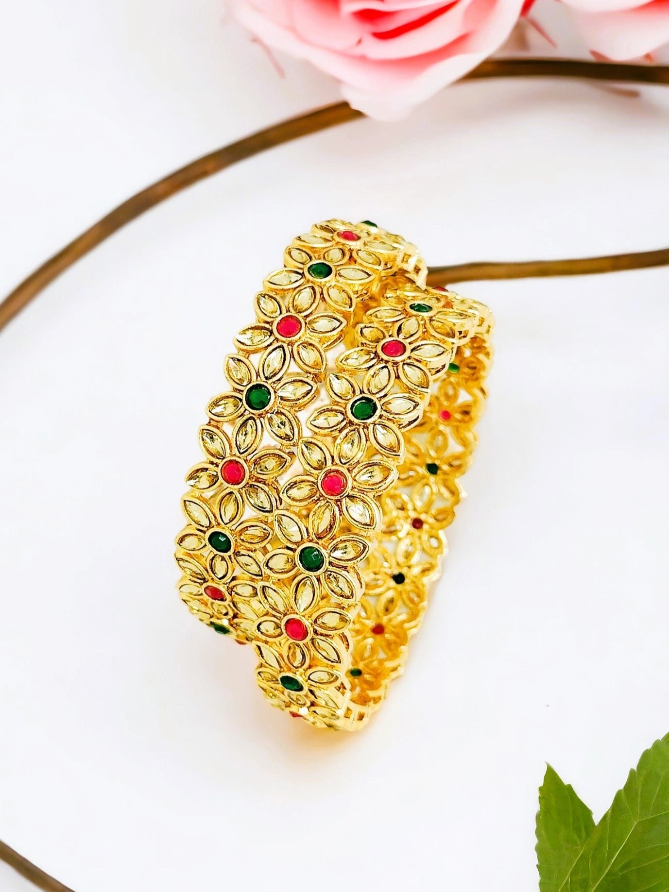Gold Plated Floral Polki CZ 4Pc Bangle