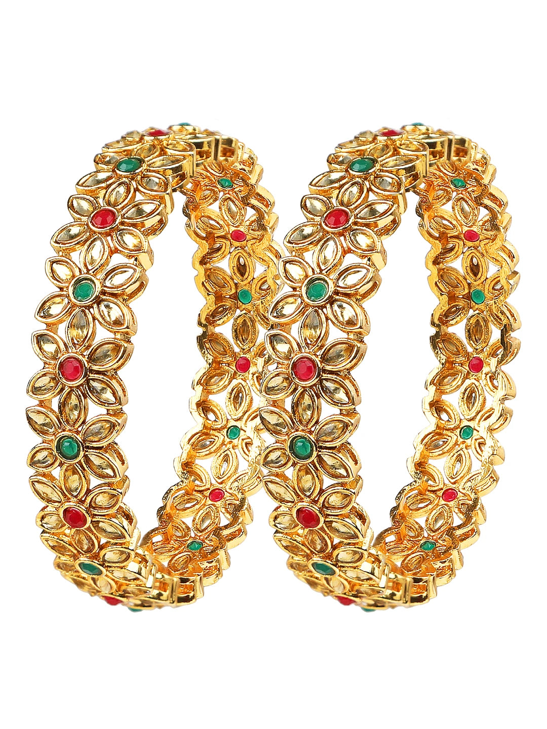 Gold Plated Floral Polki CZ 4Pc Bangle