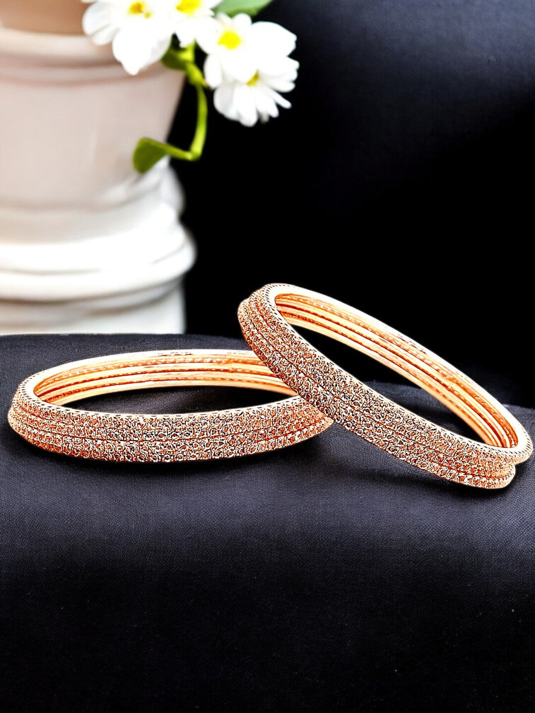 Set Of 8 Rose Gold Plated Cubic Zirconia Studded Bangle Set