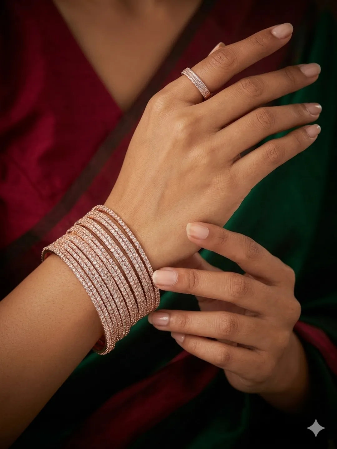 Set Of 8 Rose Gold Plated Cubic Zirconia Studded Bangle Set