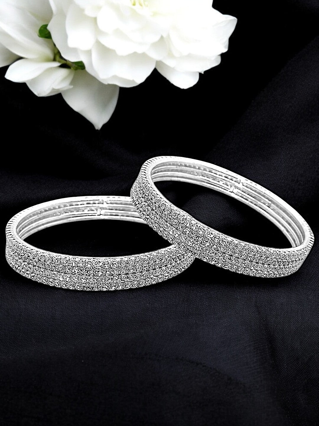 Set Of 8 Silver Plated Cubic Zirconia Studded Bangle Set