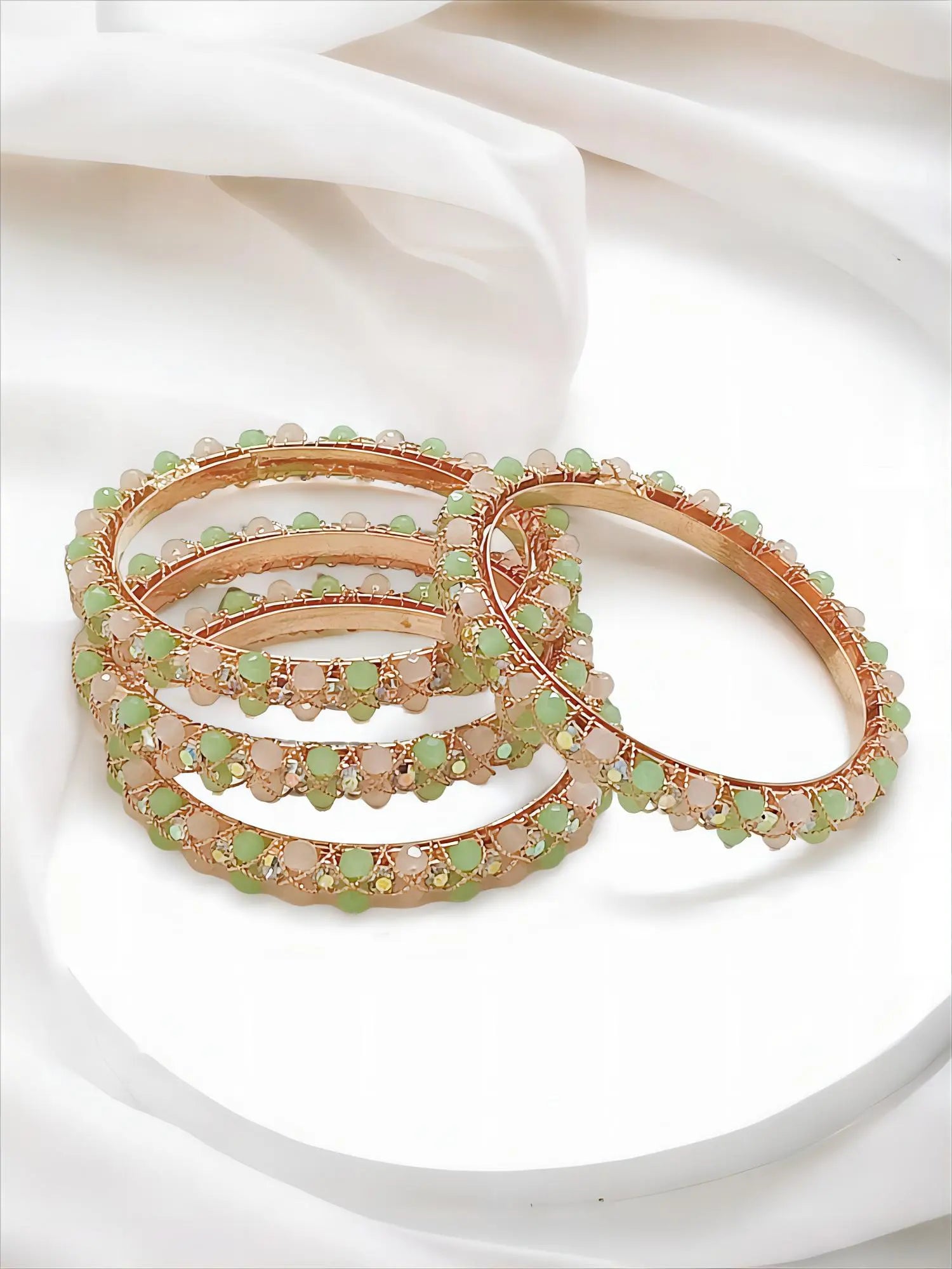 Gold Plated Crystal Mint Green And Pink 4Pc Bangle Set