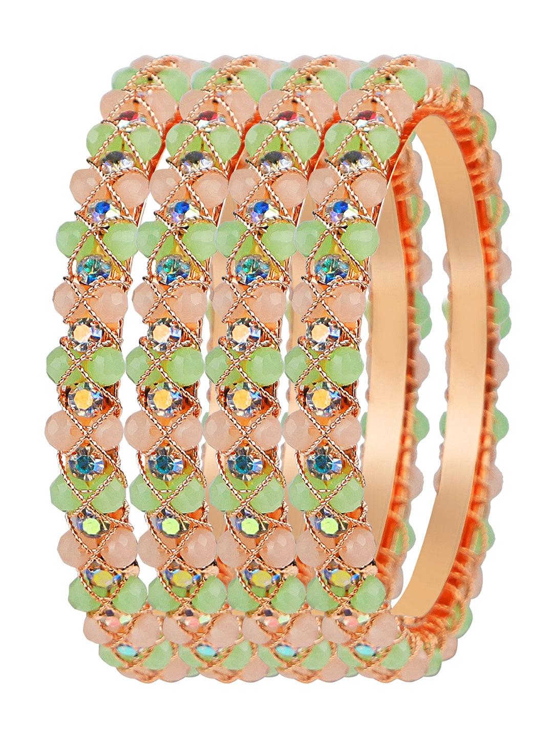 Gold Plated Crystal Mint Green And Pink 4Pc Bangle Set