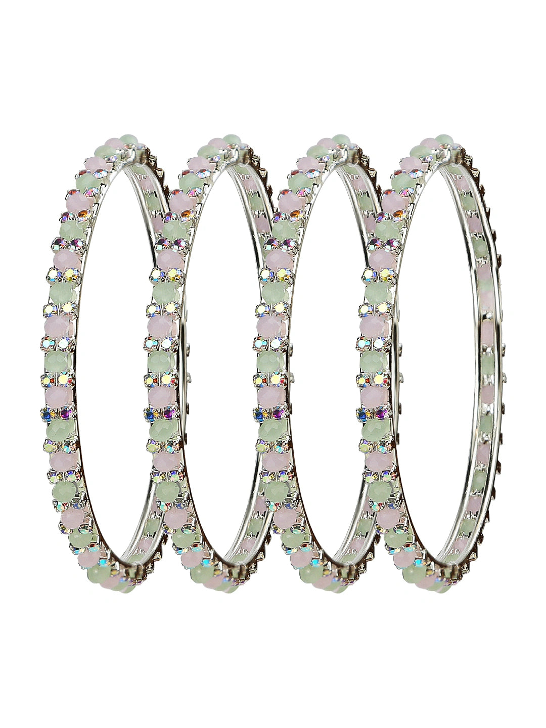 Silver Plated Crystal Mint Green And Pink 4Pc Bangle Set