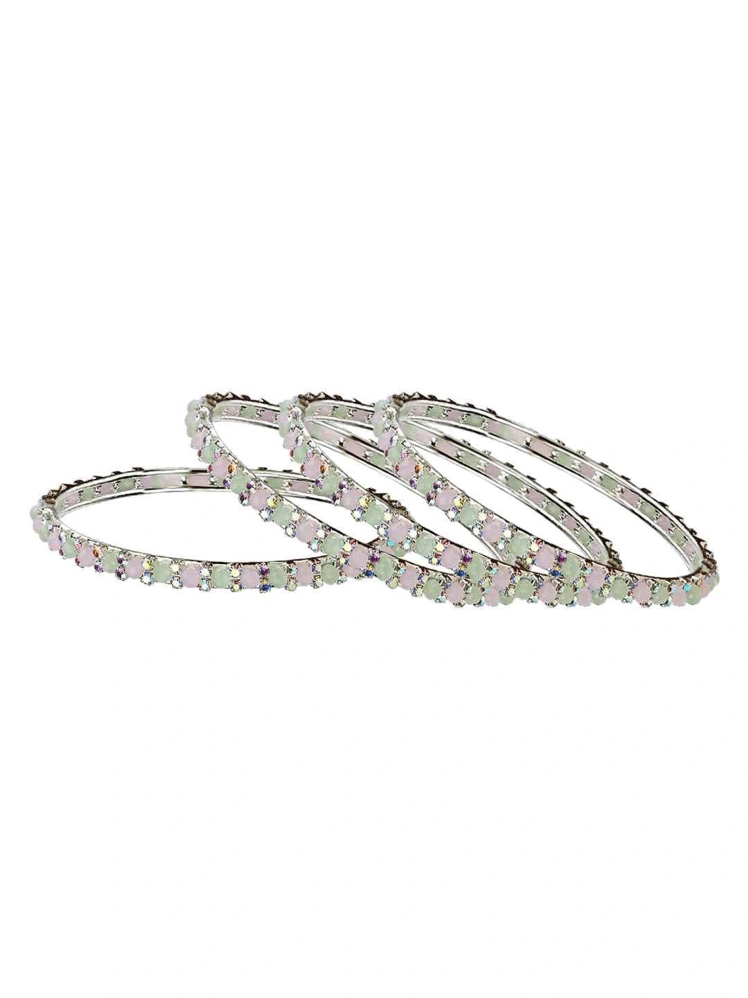 Silver Plated Crystal Mint Green And Pink 4Pc Bangle Set