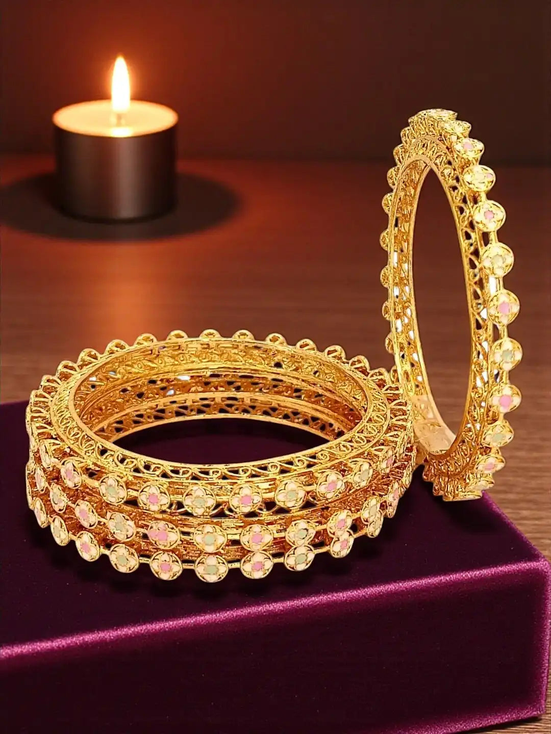 Set Of 4 Gold Plated Colorful Stone Studded Bangle