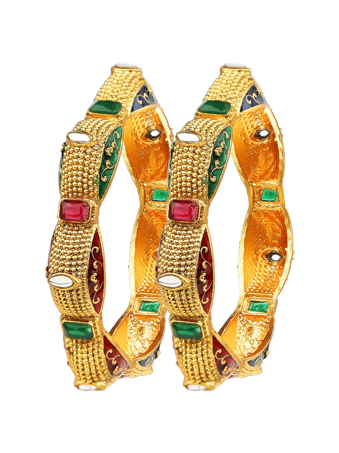 Gold Plated Rajwadi Meenakari Multi CZ 2Pc Bangle Kada