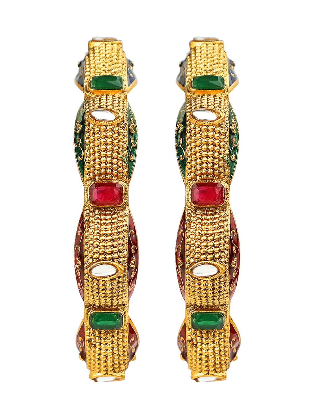 Gold Plated Rajwadi Meenakari Multi CZ 2Pc Bangle Kada
