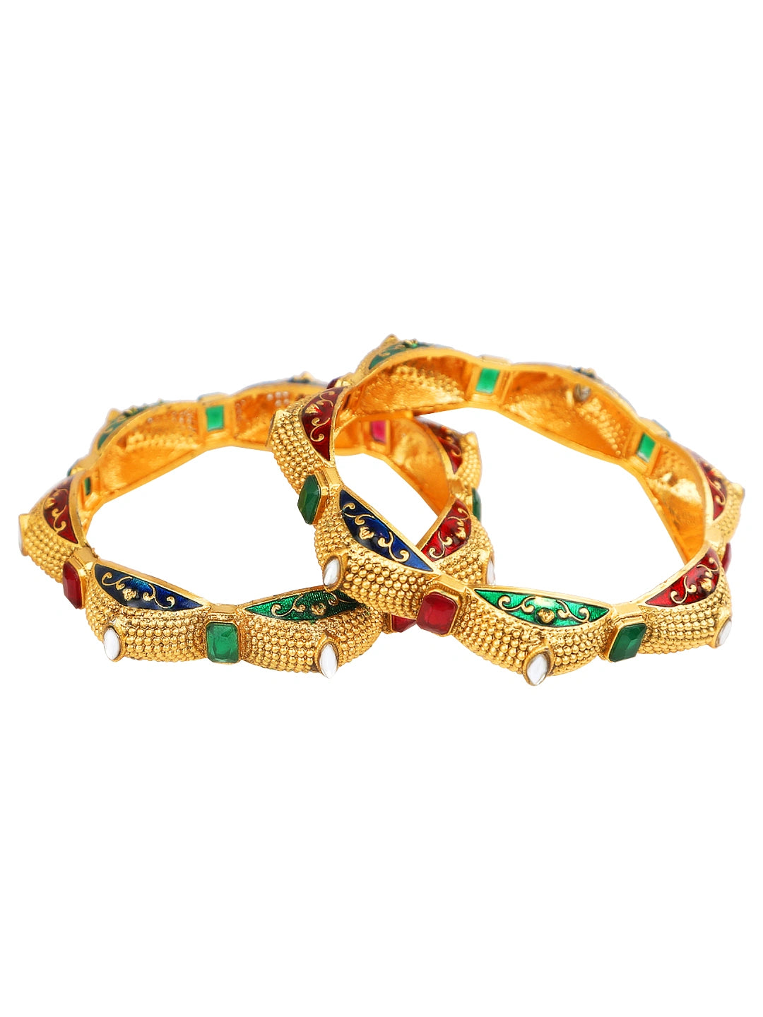 Gold Plated Rajwadi Meenakari Multi CZ 2Pc Bangle Kada