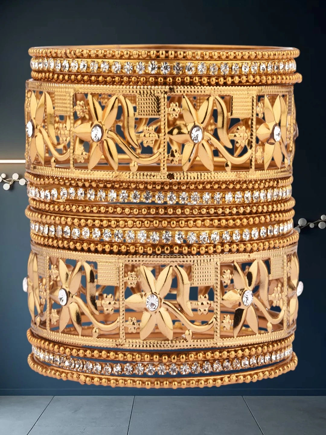 Traditional Gold Plated CZ Studded Set of 14pc Bangles