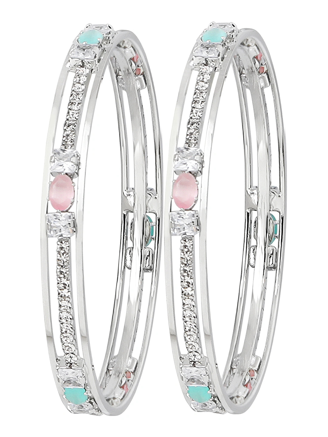 Rhodium Plated Mint Green And Pink CZ Stone Bangle