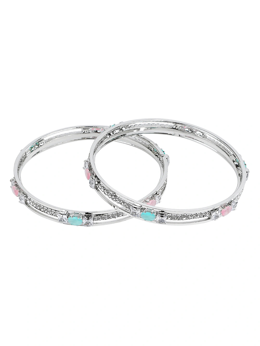 Rhodium Plated Mint Green And Pink CZ Stone Bangle