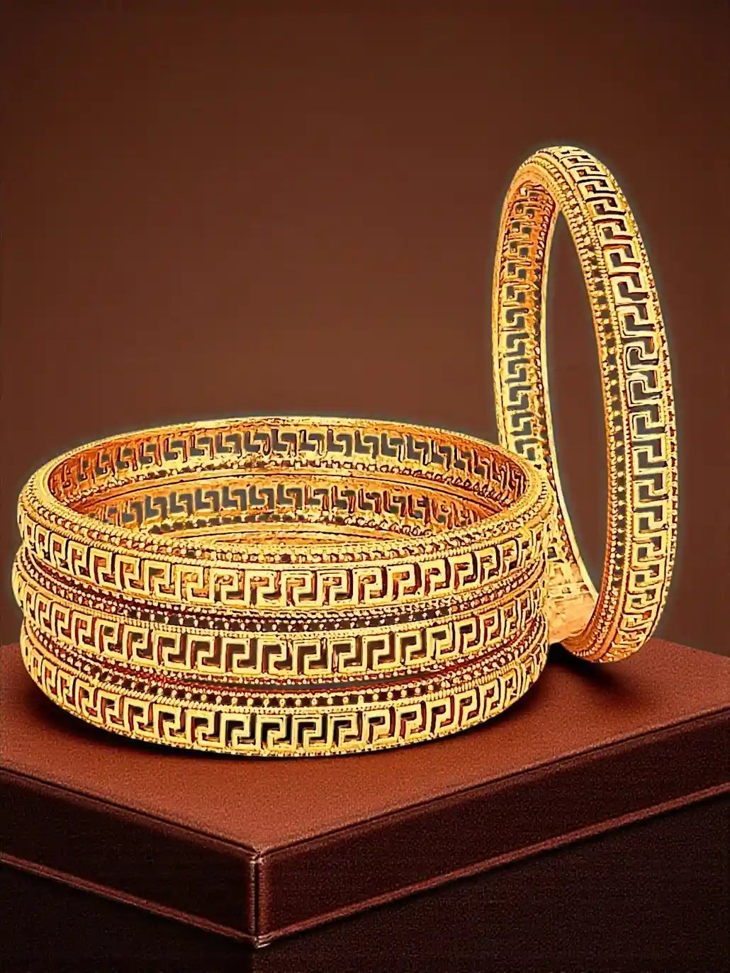 Gold Plated Set Of 4 Greek Key Design Bangles-Set