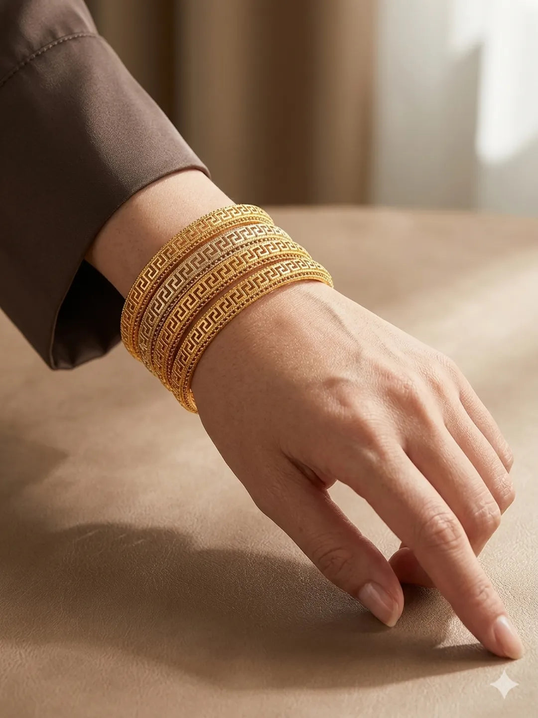 Gold Plated Set Of 4 Greek Key Design Bangles-Set