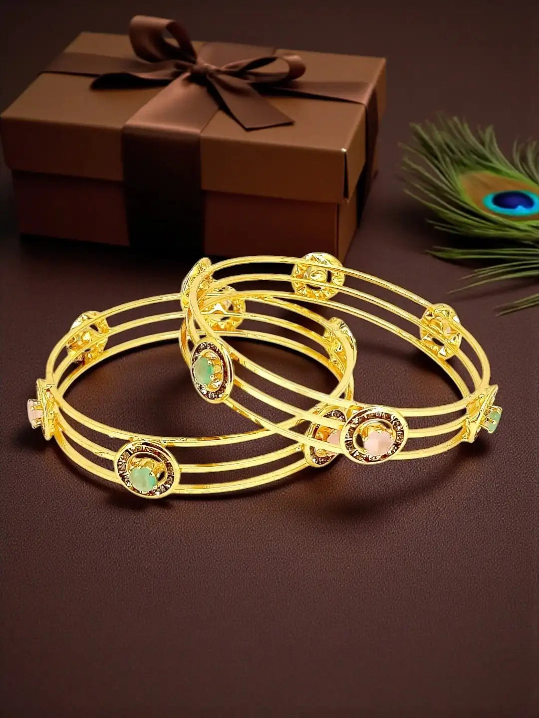 Set Of 2 Gold Plated Cubic Zirconia Stone Studded Bangle