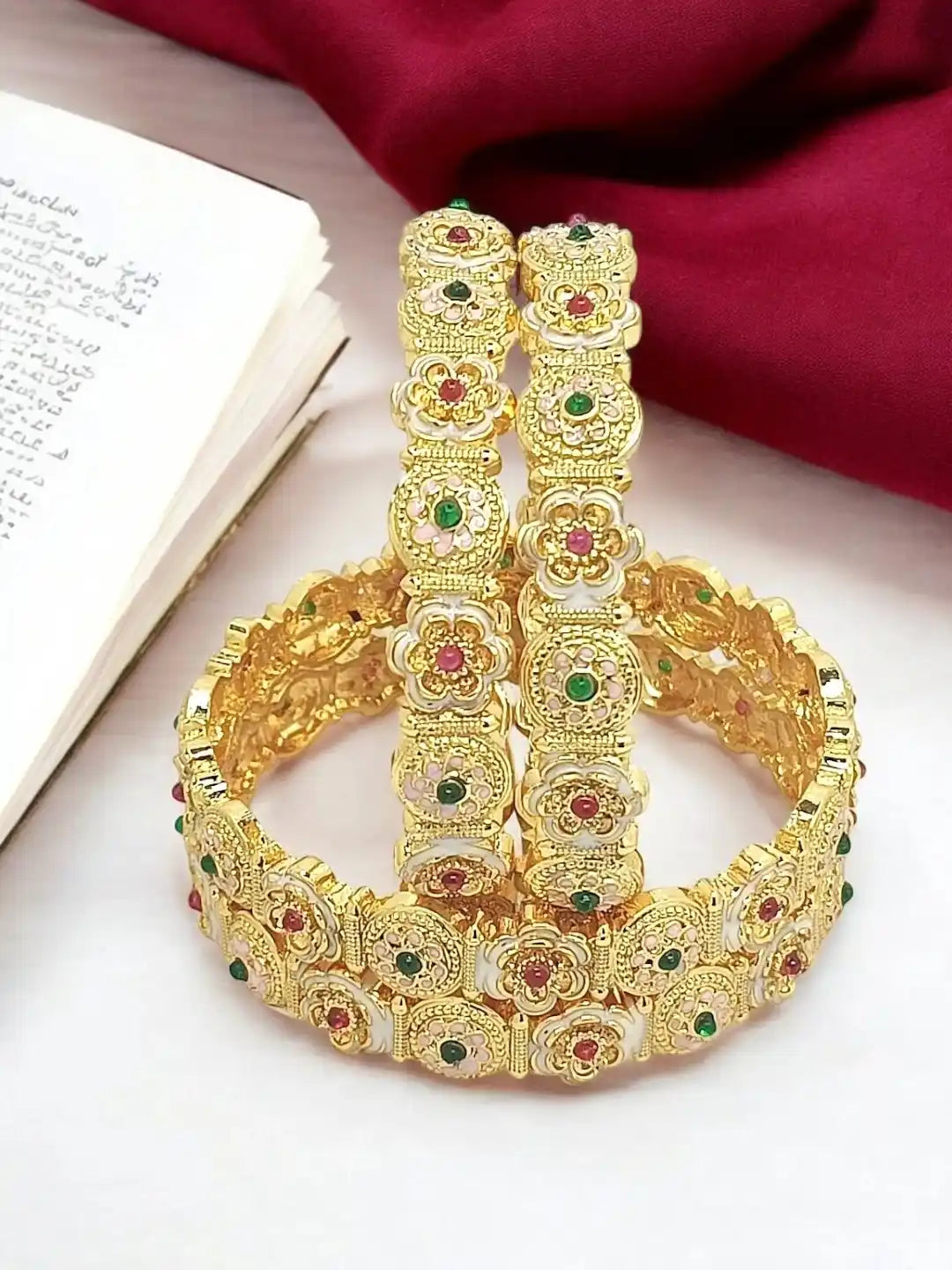 Set Of 4 Gold Plated Meenakari Floral Design Bangle Set