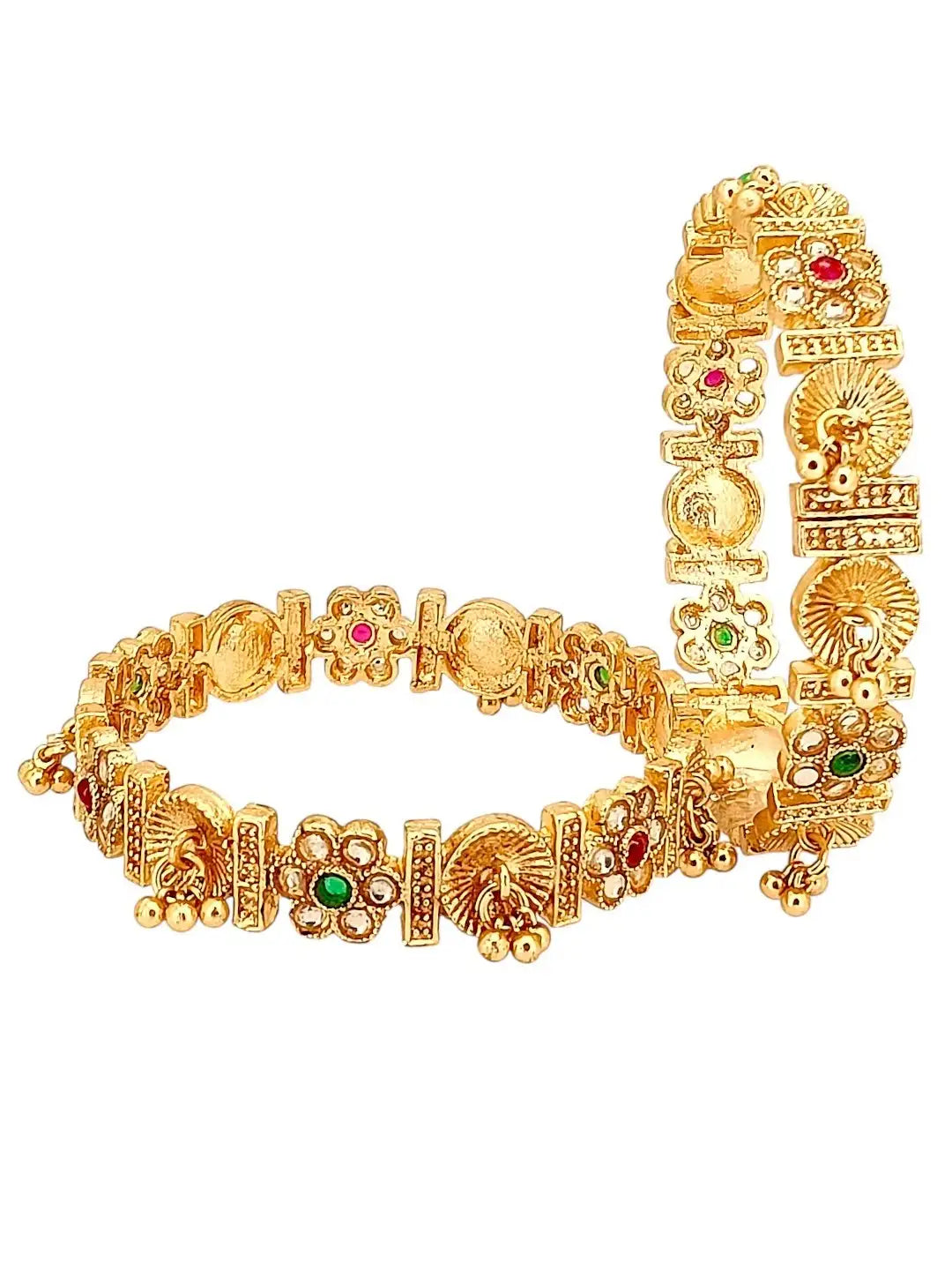 Gold Plated Multi Stone Set Of 2 Ghungroo Bangles
