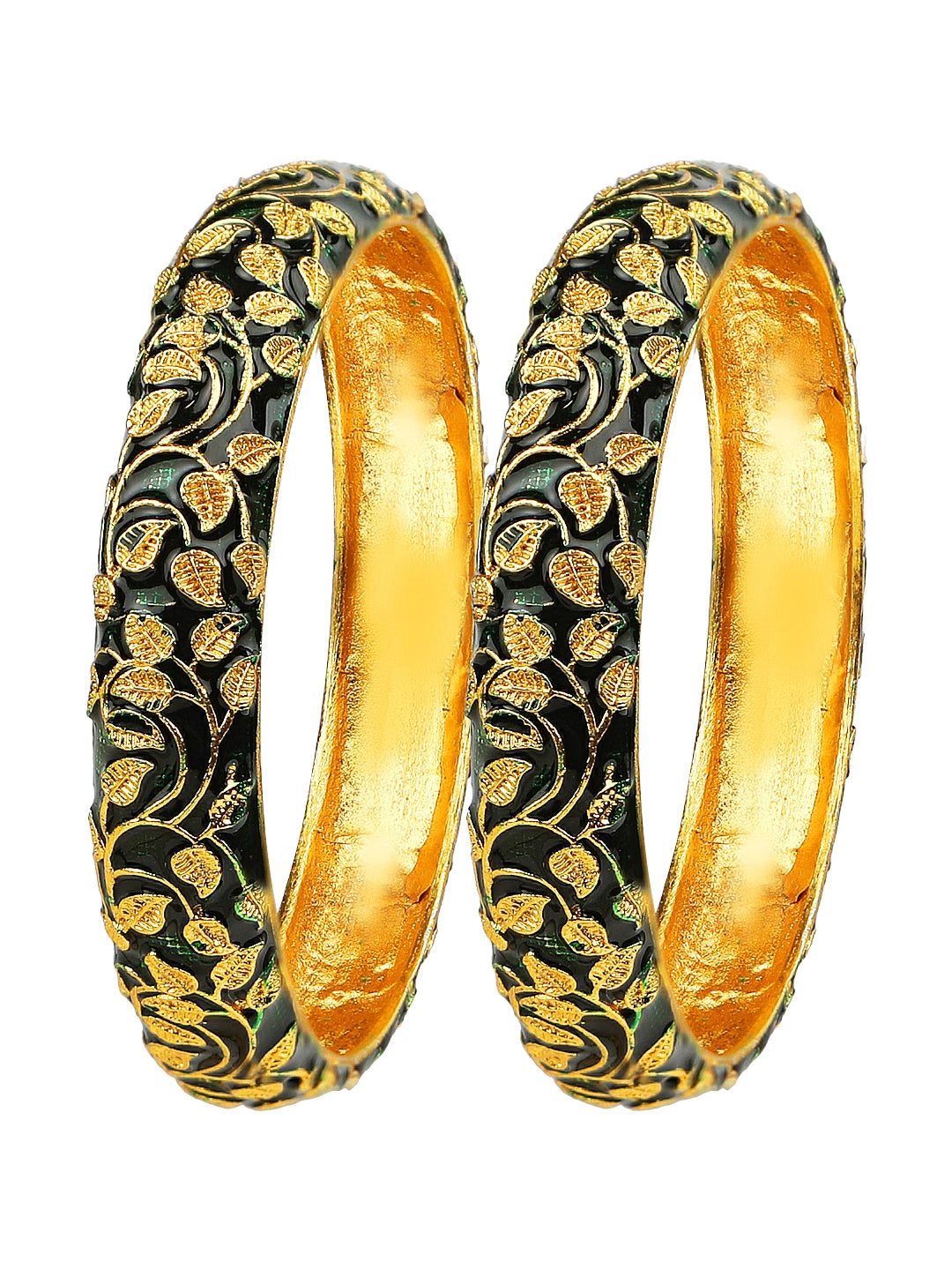 Gold Plated Green Enamel Leaf 2Pc Kada Bangle