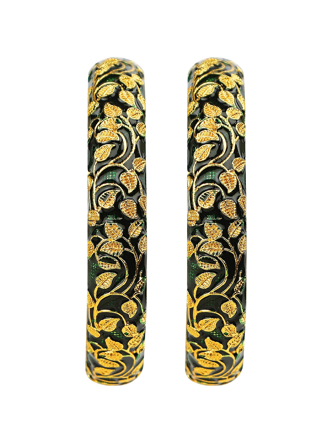 Gold Plated Green Enamel Leaf 2Pc Kada Bangle
