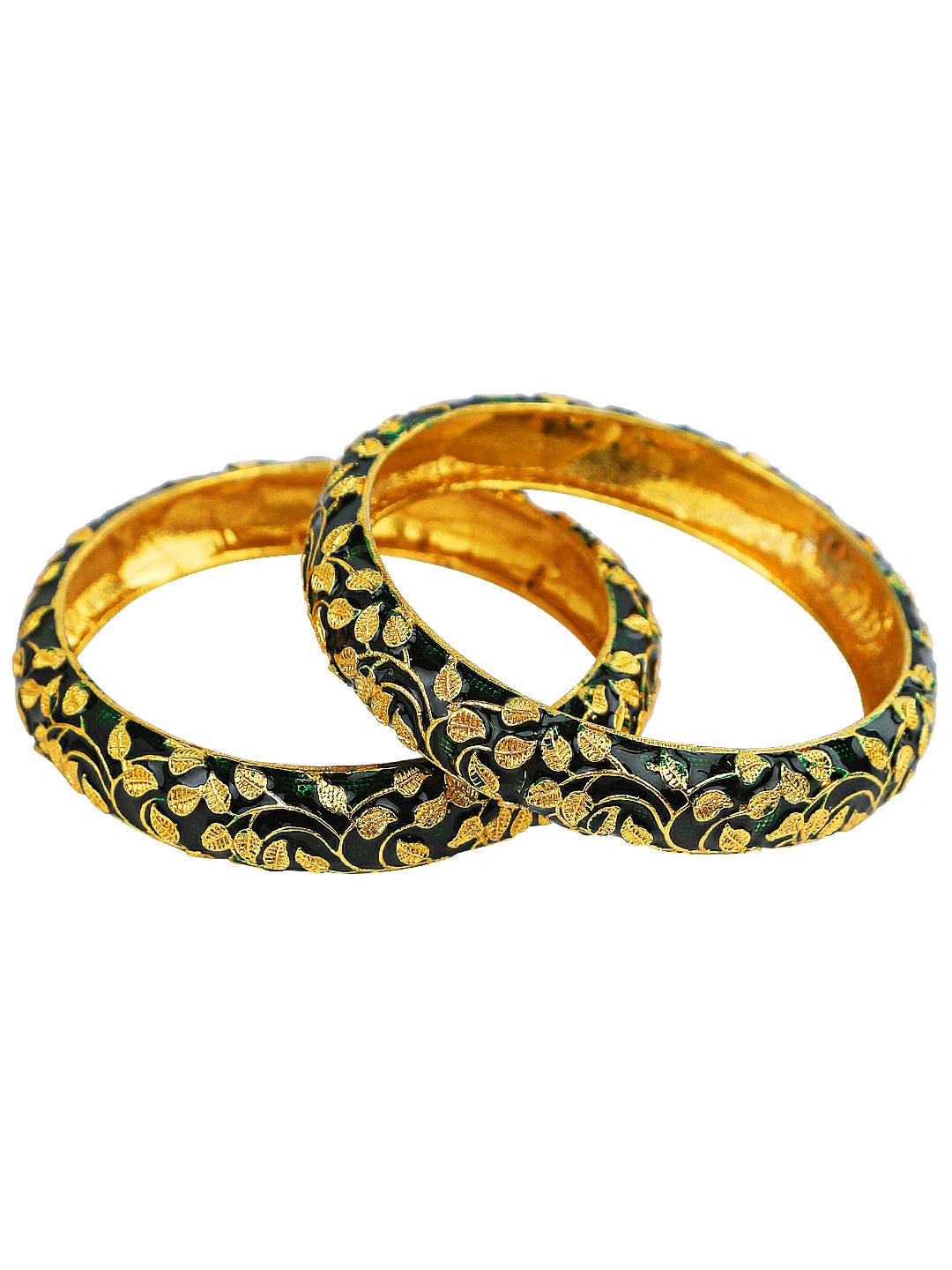 Gold Plated Green Enamel Leaf 2Pc Kada Bangle