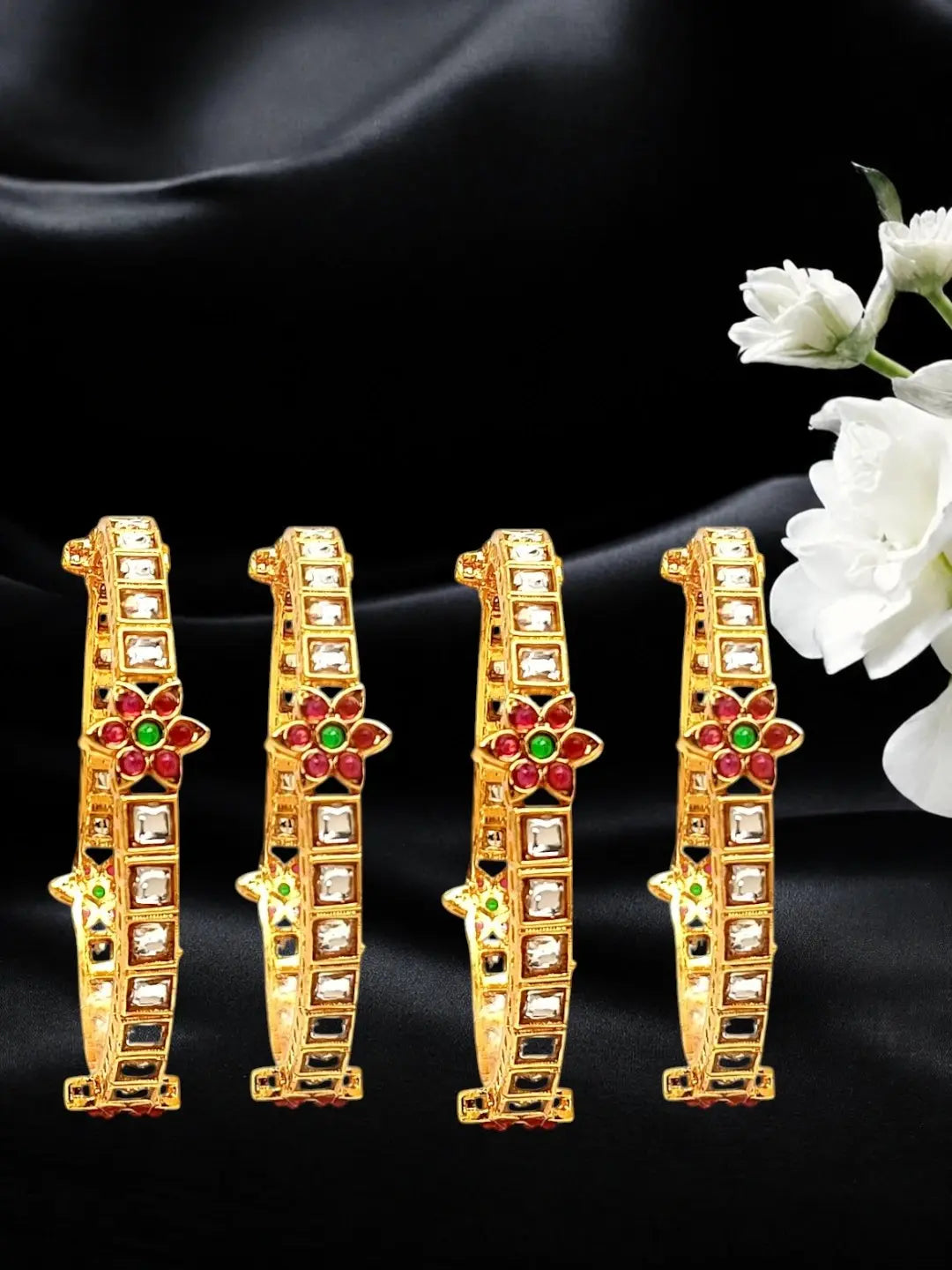Set Of 4 Gold Plated Kundan Rajwadi Style Bangles