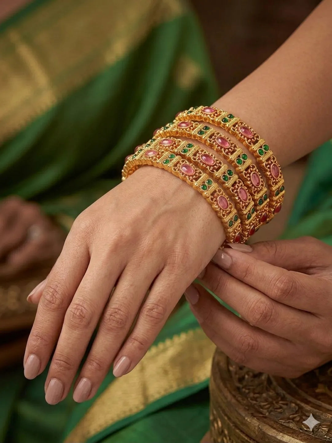 Gold Plated Set Of 4 Kemp Stone Bangles Set