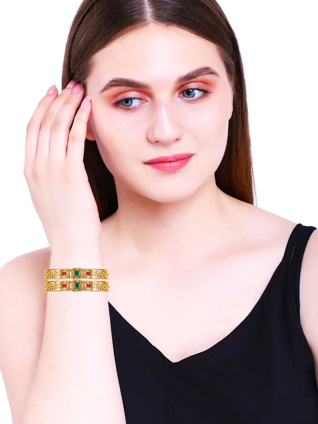 Gold Plated Filigree Polki 2Pc Bangle