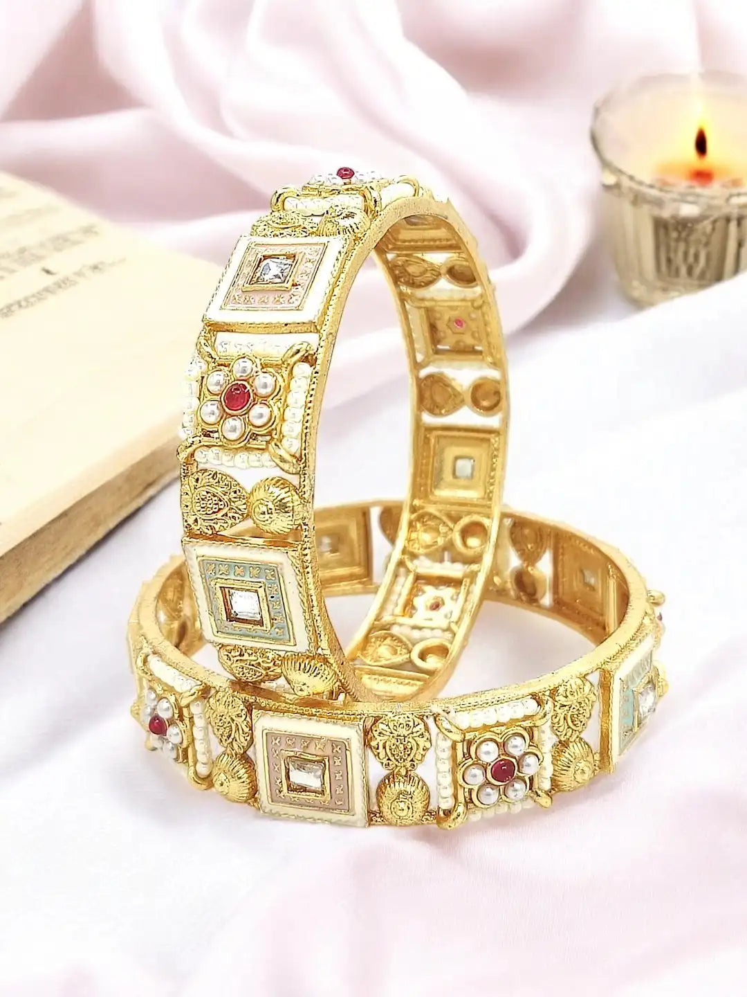 Set Of 2 Gold Plated Meenakari Statement Kada Bangles