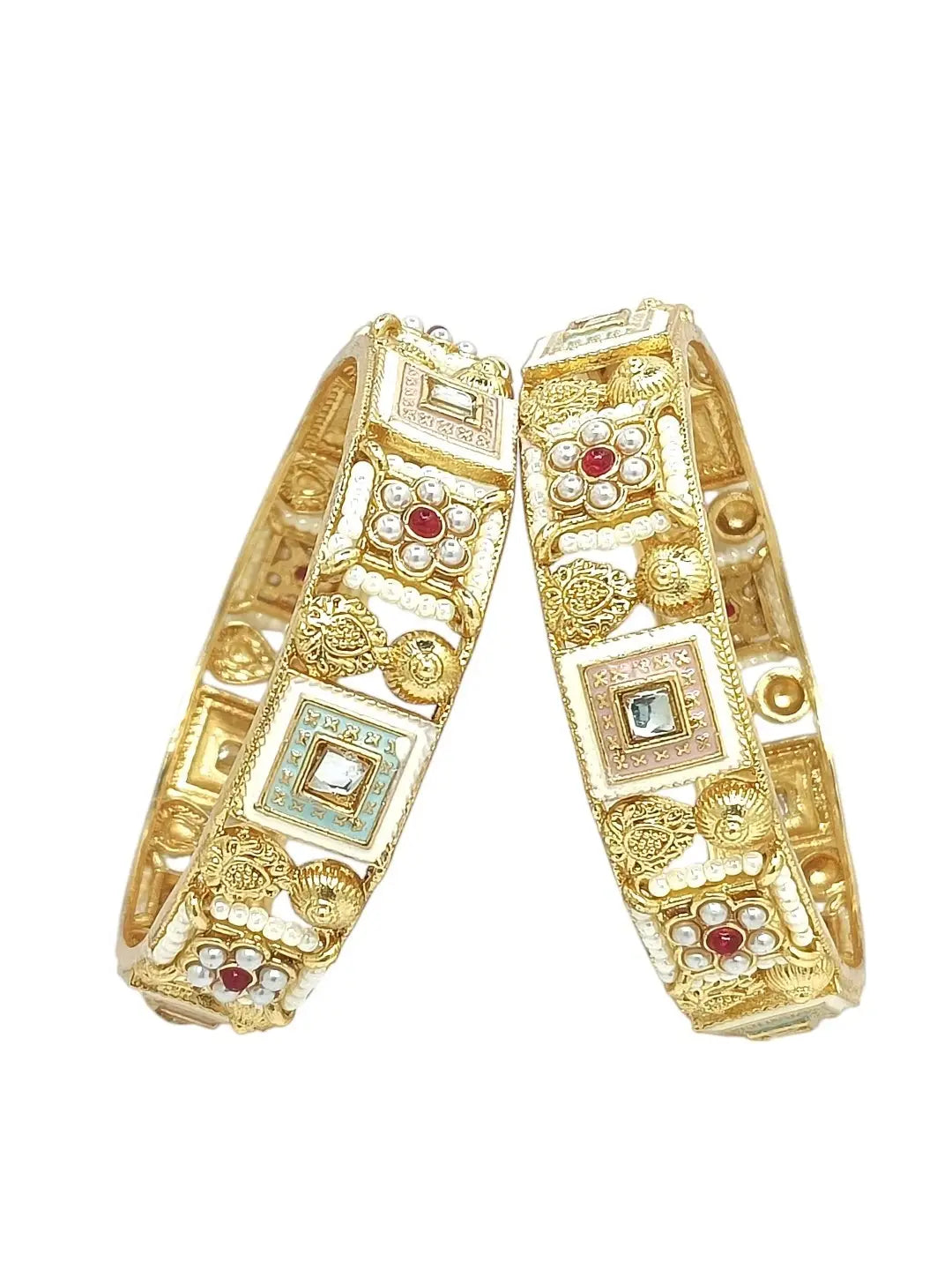 Set Of 2 Gold Plated Meenakari Statement Kada Bangles