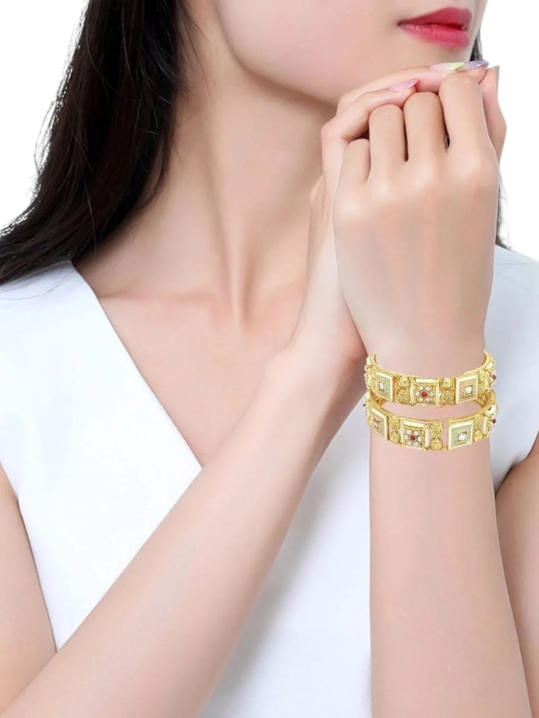 Set Of 2 Gold Plated Meenakari Statement Kada Bangles