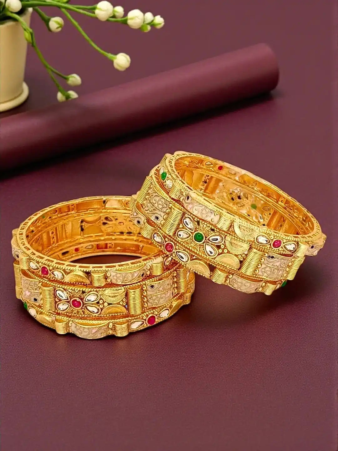 Set Of 6 Gold Plated Rajwadi Meenakari Bangle