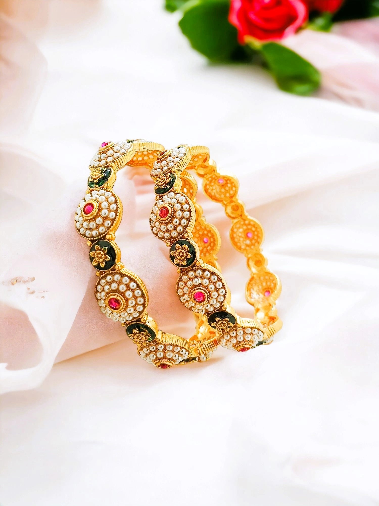 Gold Plated Meenakari Pearl 3Pc Bangle