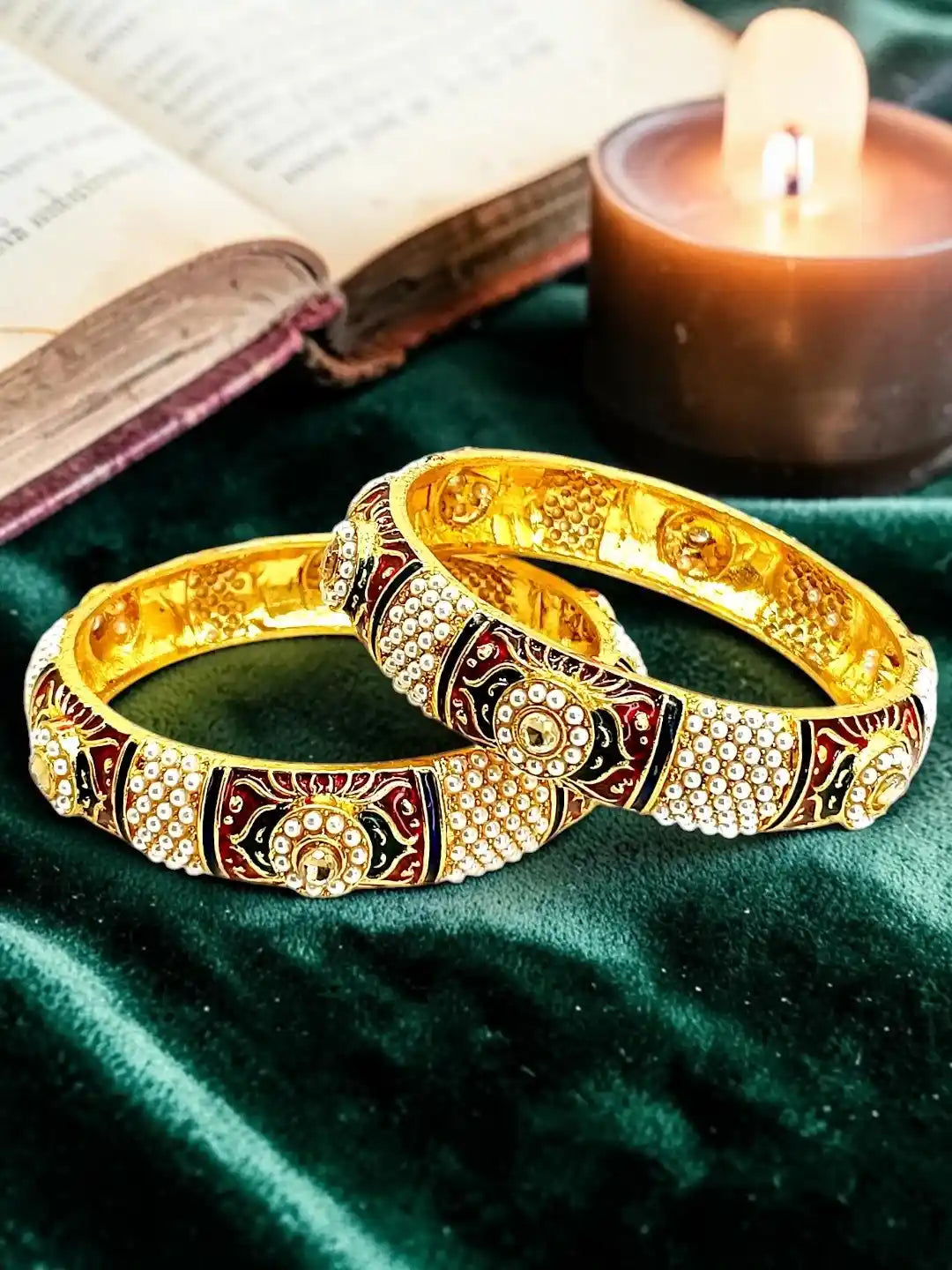 Gold Plated Set Of 2 Meenakari Moti Bangles