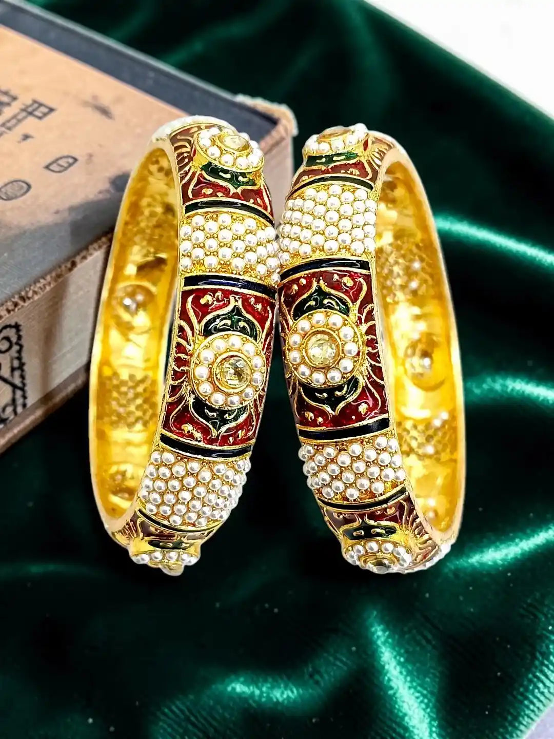Gold Plated Set Of 2 Meenakari Moti Bangles